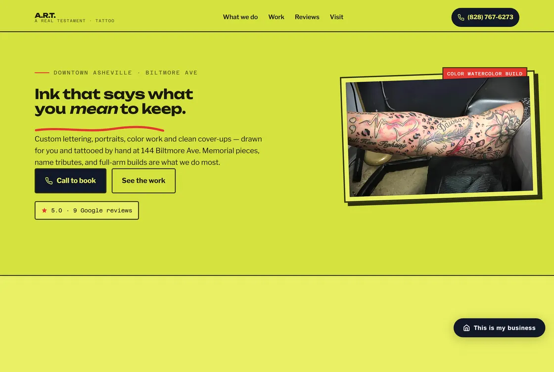 Home page of A Real Testament Tattoo, a tattoo studio site in the Acid Olive Print Lab style