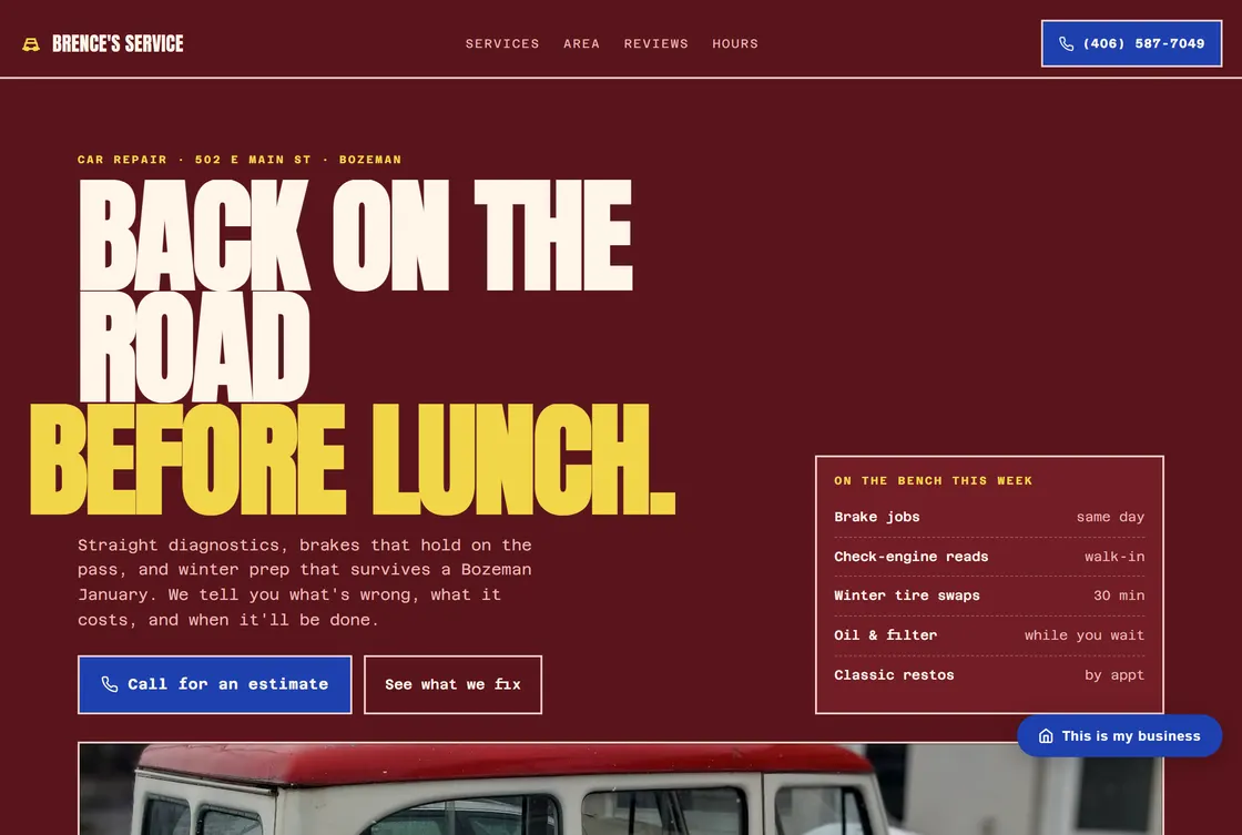 Home page of Brence's Service, a auto repair site in the Oxblood Machine Shop style