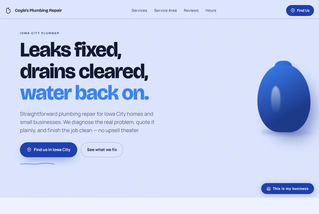 Home page of Coyle's Plumbing, a plumbing & repair site in the Porcelain Cobalt style