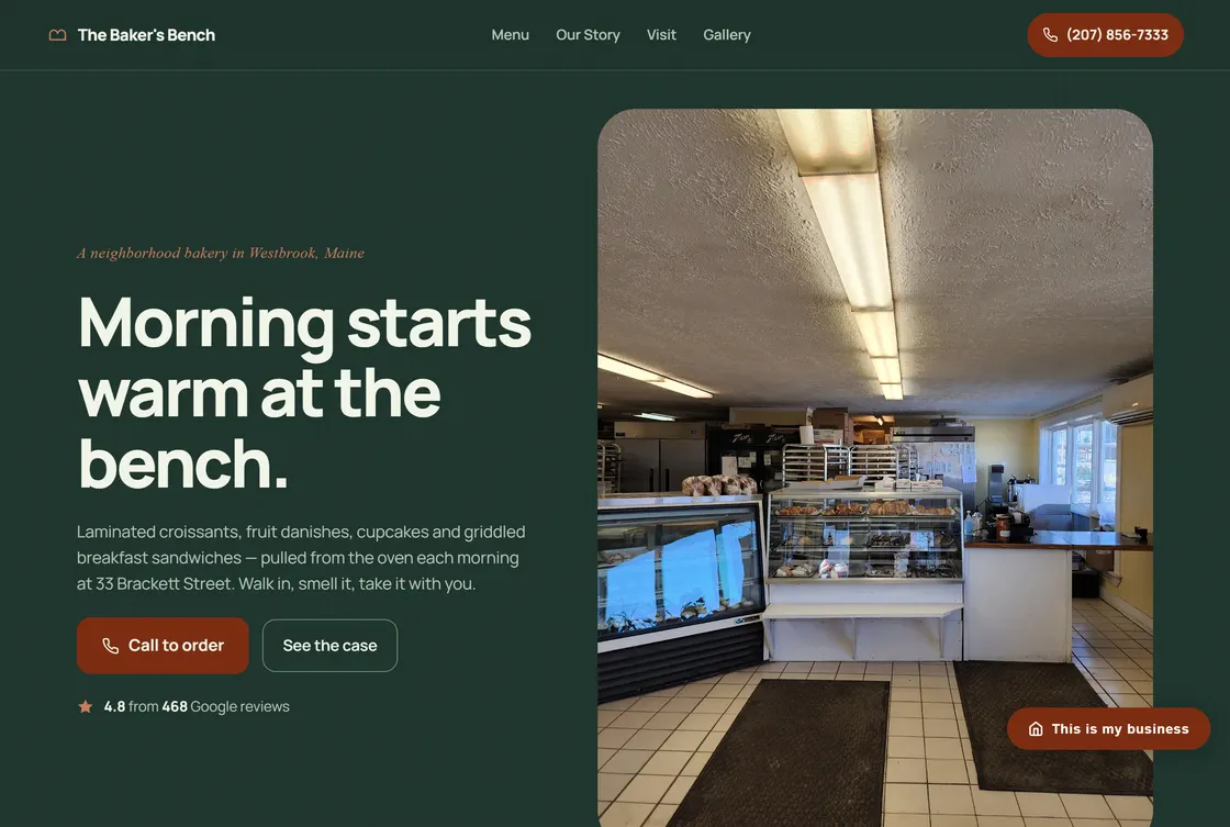 Home page of The Baker's Bench, a neighborhood bakery site in the Mineral Moss style